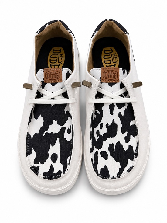 Hey Dude Shoes - Hey Dude White Shoes with Black Cow-Print Vamp